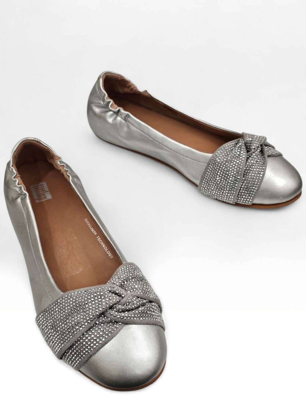 FITFLOP Twiss Crystal Metallic Silver Leather Comfort Ballet Flats US 9